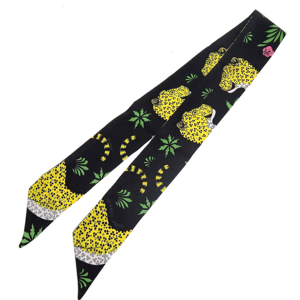 美品 エルメス ツイリー レオパード シルク ブラック 黒 スカーフ 0109【中古】HERMES