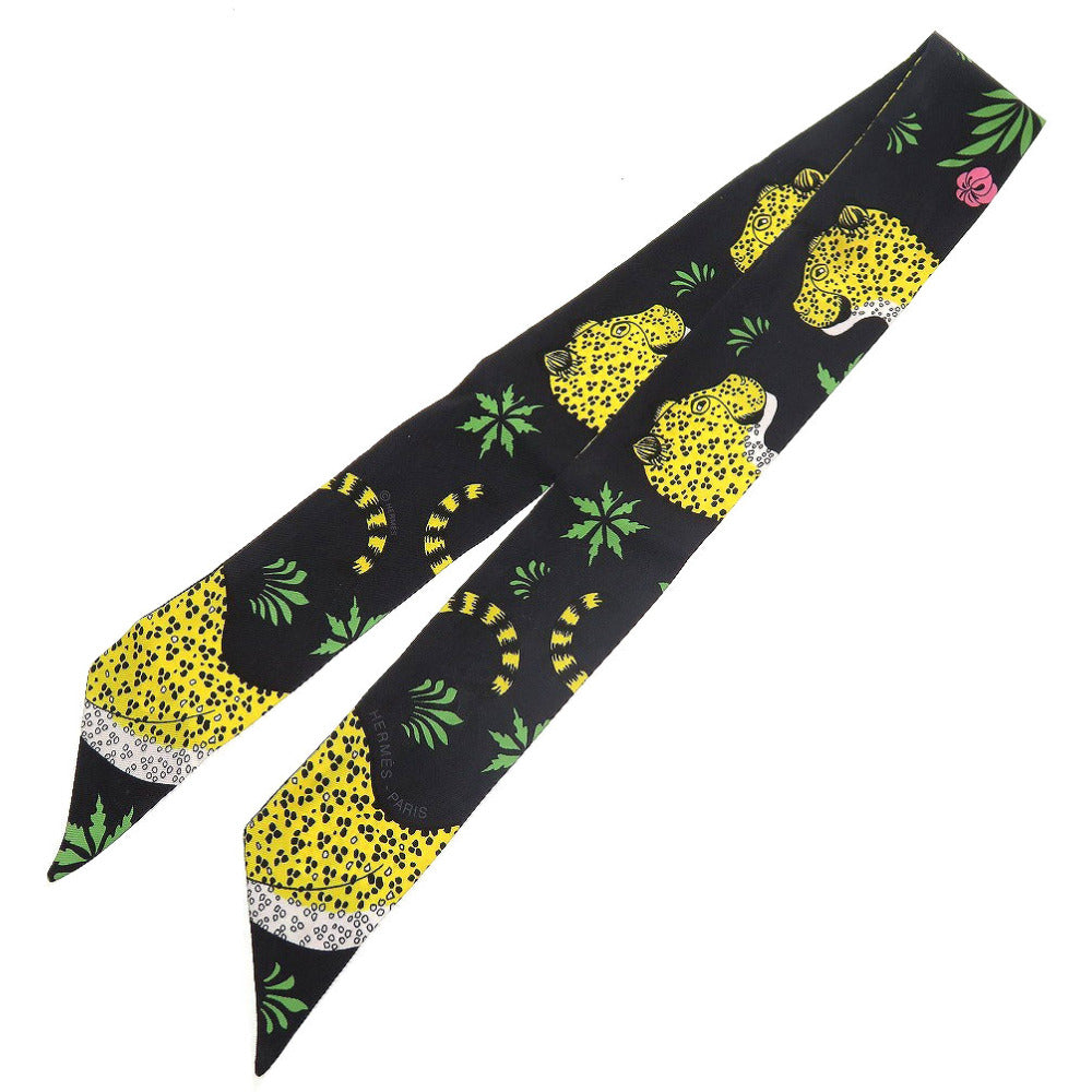 美品 エルメス ツイリー レオパード シルク ブラック 黒 スカーフ 0109【中古】HERMES