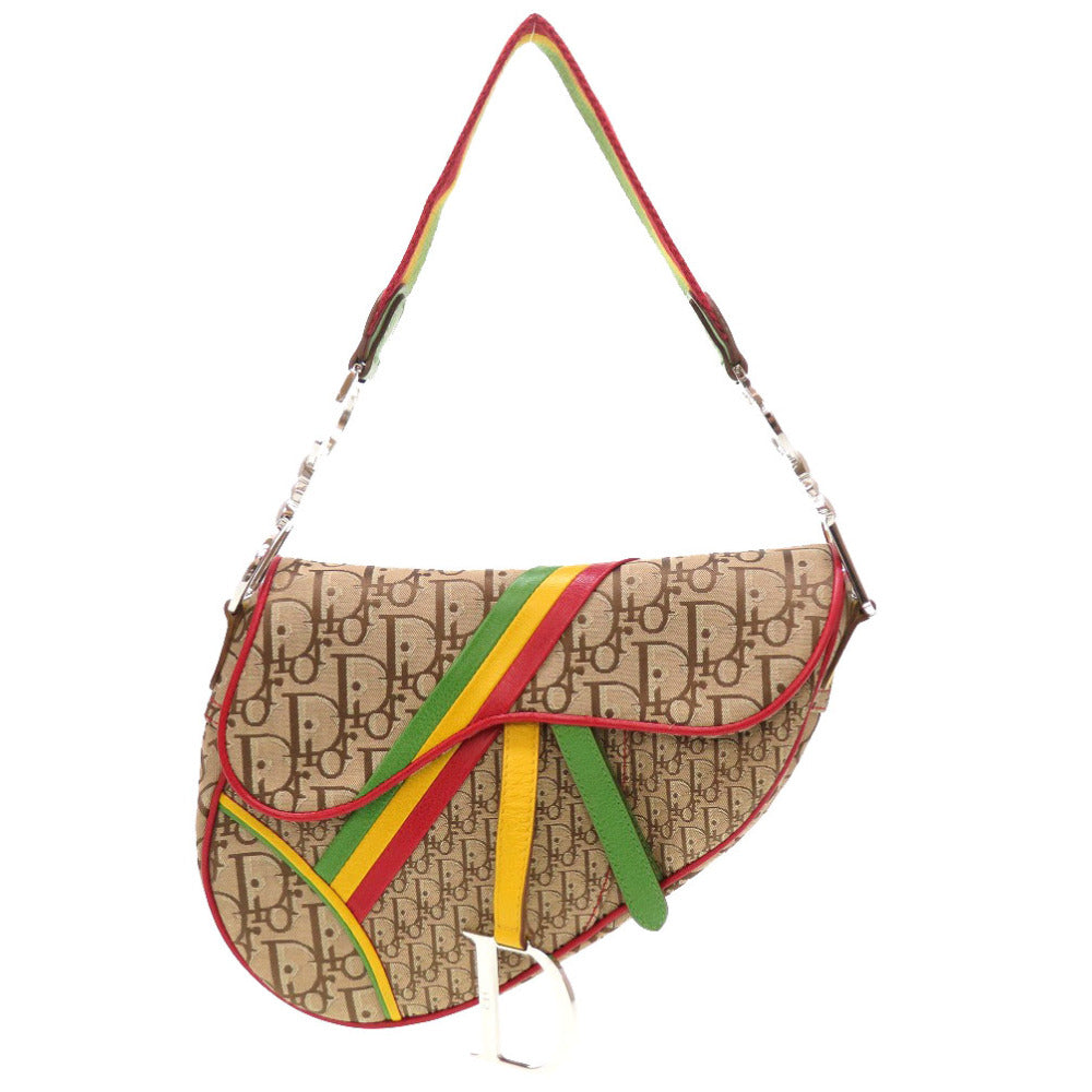 未使用 ディオール トロッター サドルバッグ ラスタ キャンバス レザー ベージュ レッド イエロー グリーン シルバー金具 ハンドバッグ バッグ 0131 【中古】 Christian Dior