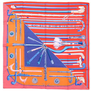 美品 エルメス カレ90 ステッキ ステッキ Cannes et Cannes シルク オレンジ スカーフ 0154 【中古】 HERMES