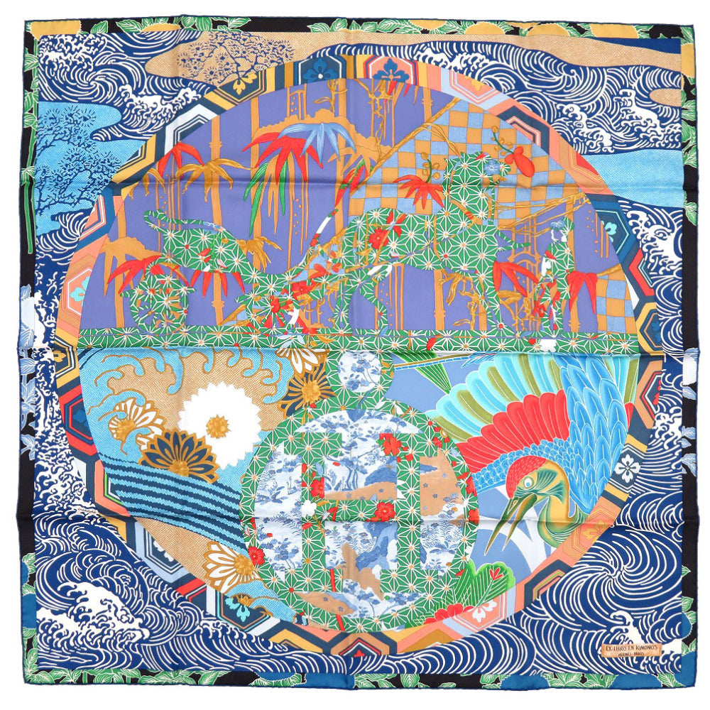 新品同様 エルメス カレ90 EX LIBRIS EN KIMONOS キモノ エクスリブリス 松坂屋400周年限定 シルク ブルー スカーフ 青 0157 【中古】 HERMES