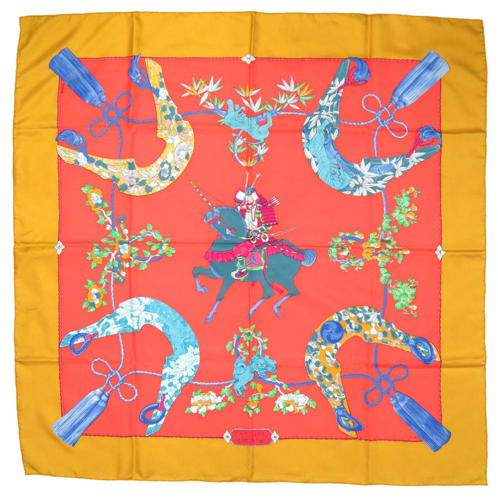 美品 エルメス カレ90 SAMOURAI 侍 サムライ シルク オレンジ スカーフ 0161 【中古】 HERMES