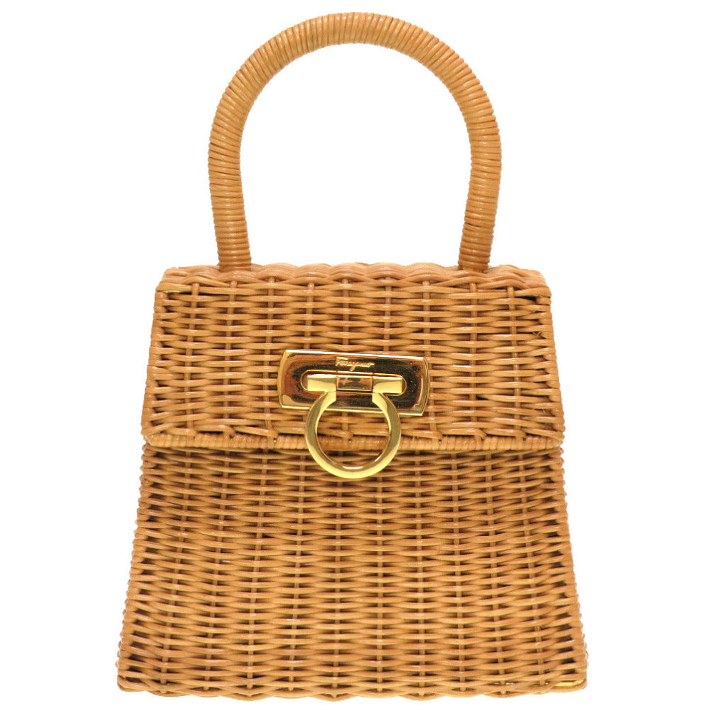 美品 サルヴァトーレ フェラガモ ガンチーニ ストロー ブラウン ゴールド金具 DO-216176 ハンドバッグ バッグ 茶 0180 【中古】 Salvatore Ferragamo