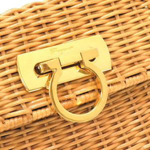 美品 サルヴァトーレ フェラガモ ガンチーニ ストロー ブラウン ゴールド金具 DO-216176 ハンドバッグ バッグ 茶 0180 【中古】 Salvatore Ferragamo