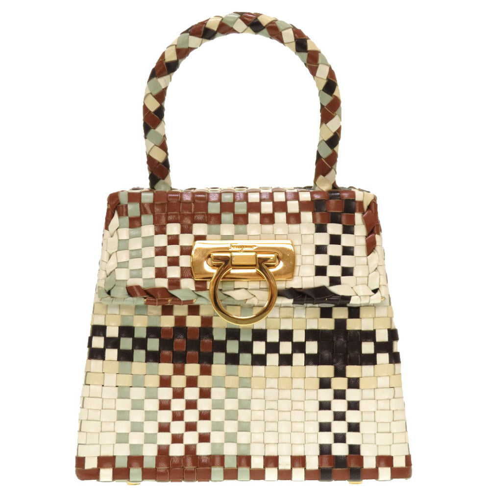 美品 サルヴァトーレ フェラガモ ガンチーニ イントレチャート レザー DO-217269 ハンドバッグ ブラウン アイボリー 0181 【中古】 Salvatore Ferragamo