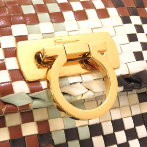 美品 サルヴァトーレ フェラガモ ガンチーニ イントレチャート レザー DO-217269 ハンドバッグ ブラウン アイボリー 0181 【中古】 Salvatore Ferragamo