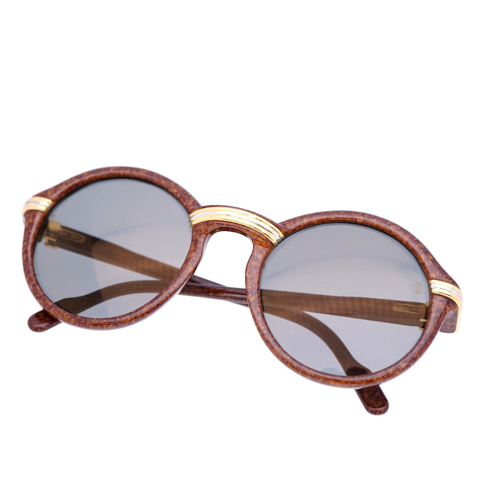 美品 カルティエ トリニティ サングラス C2 ウッド調 丸眼鏡 メガネフレーム アイウエア 茶 ブラウン 0188【中古】Cartier