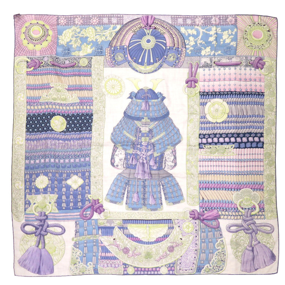 エルメス カレ140 侍の鎧兜 Parures de Samourais ブルー カシミヤ シルク ストール スカーフ 青 0209 【中古】 HERMES