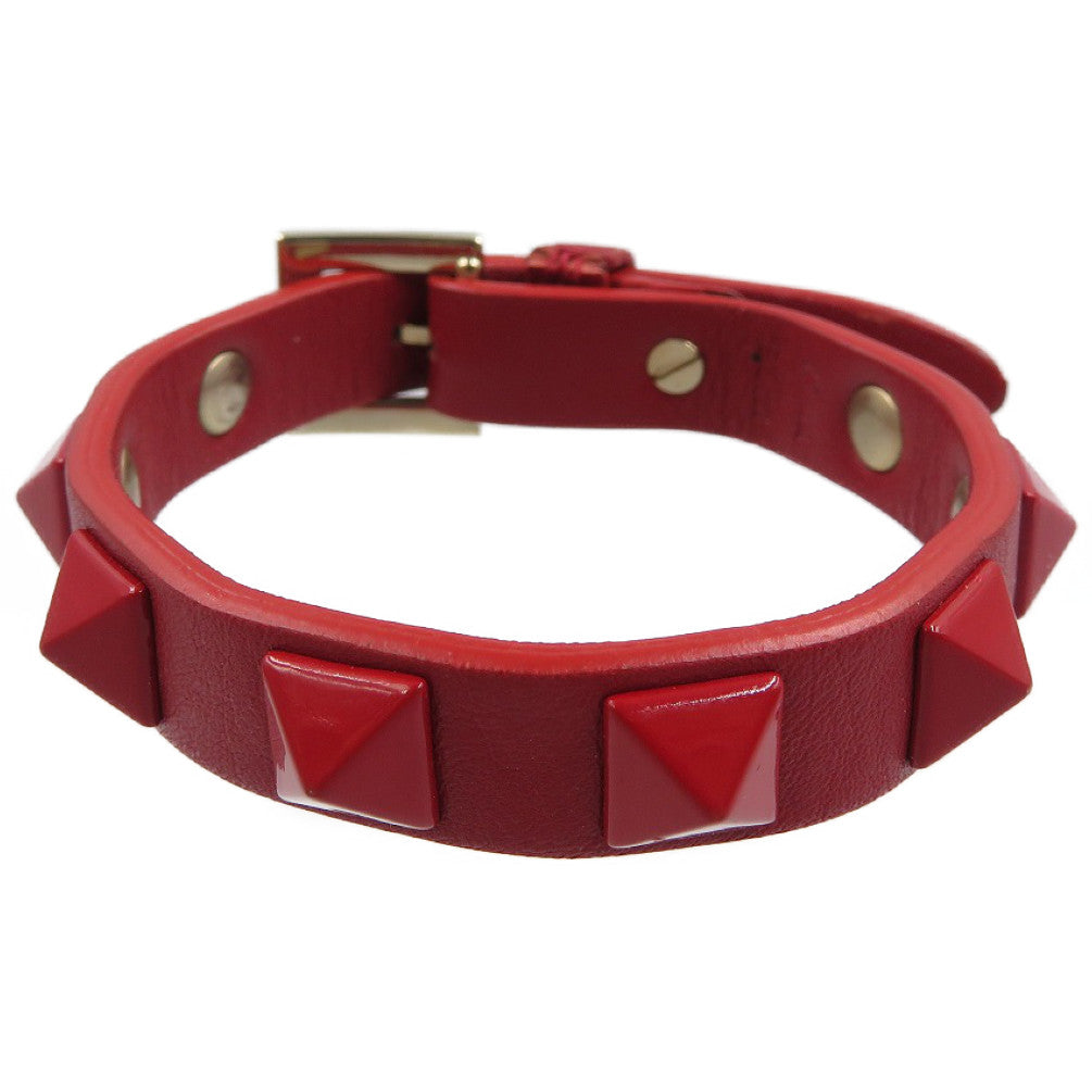美品 ヴァレンティノ ロックスタッズ カーフ レッド ブレスレット 0175【中古】VALENTINO