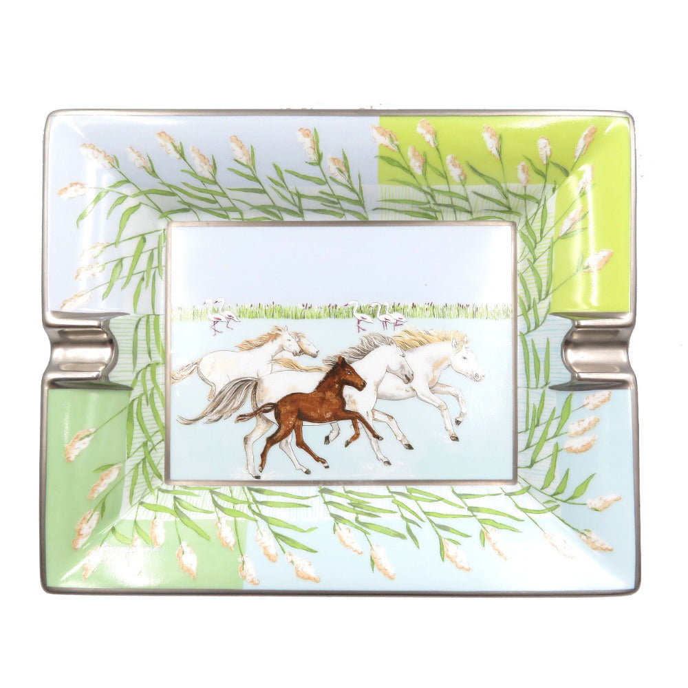 未使用 エルメス 馬 陶器 ライトブルー グリーン シルバー 灰皿 アッシュトレイ 0026【中古】HERMES