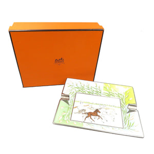 未使用 エルメス 馬 陶器 ライトブルー グリーン シルバー 灰皿 アッシュトレイ 0026【中古】HERMES