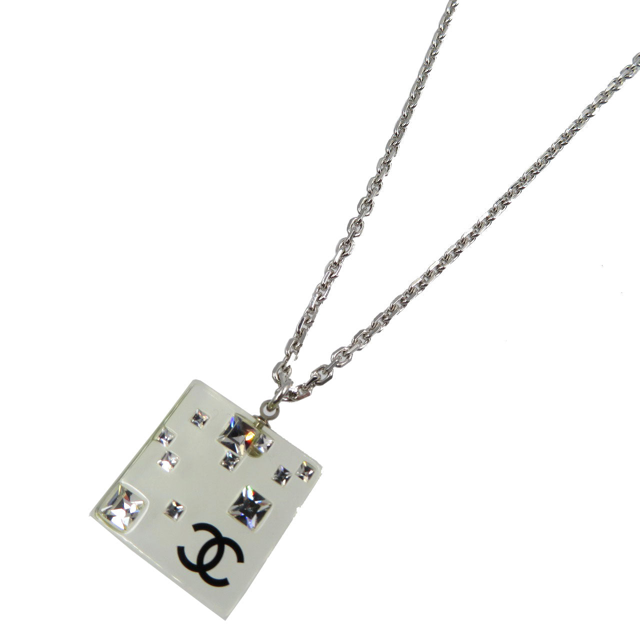美品 シャネル スクエアプレート 05A ヴィンテージ プラスチック ラインストーン クリア シルバー ネックレス 0053【中古】CHANEL