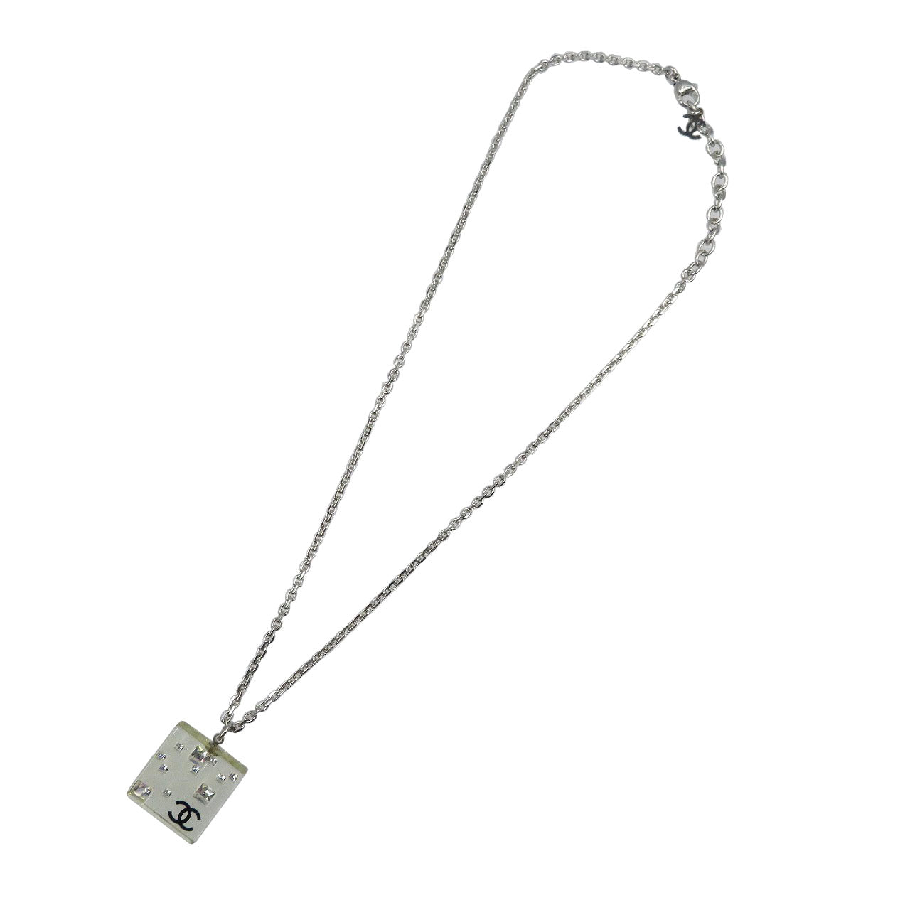 美品 シャネル スクエアプレート 05A ヴィンテージ プラスチック ラインストーン クリア シルバー ネックレス 0053【中古】CHANEL
