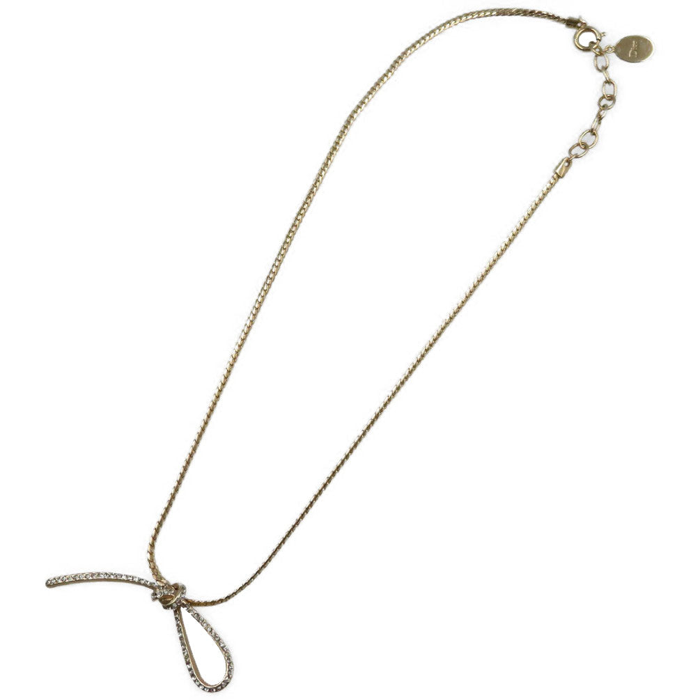 美品 クリスチャンディオール リボン メタル ラインストーン ゴールド ネックレス 0079【中古】Christian Dior
