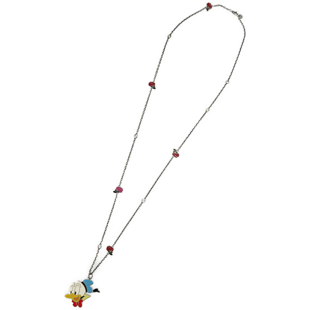 美品 グッチ ディズニー ドナルドダック ローズ シルバー925 エナメル シルバー ネックレス 0080【中古】GUCCI
