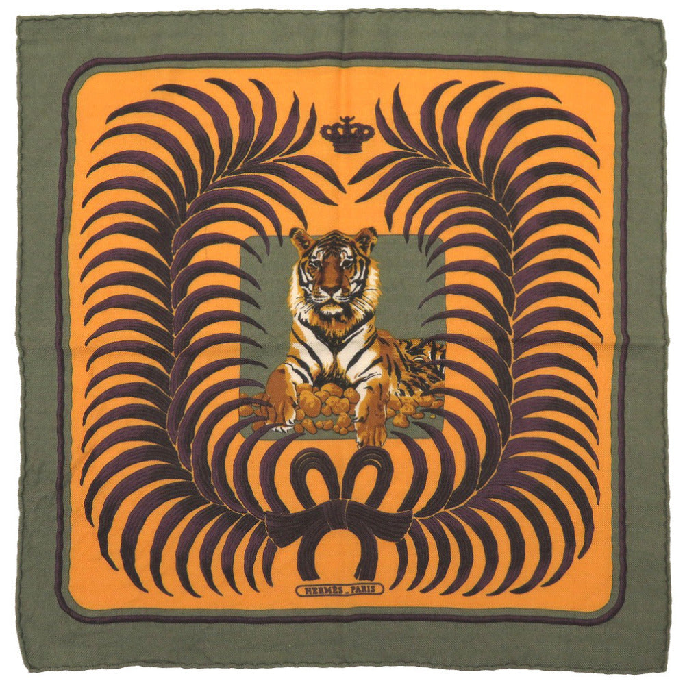 エルメス カレ45 王者の虎 TIGRE ROYAL プチカレ カシミヤ シルク カーキ スカーフ 0092 【中古】 HERMES