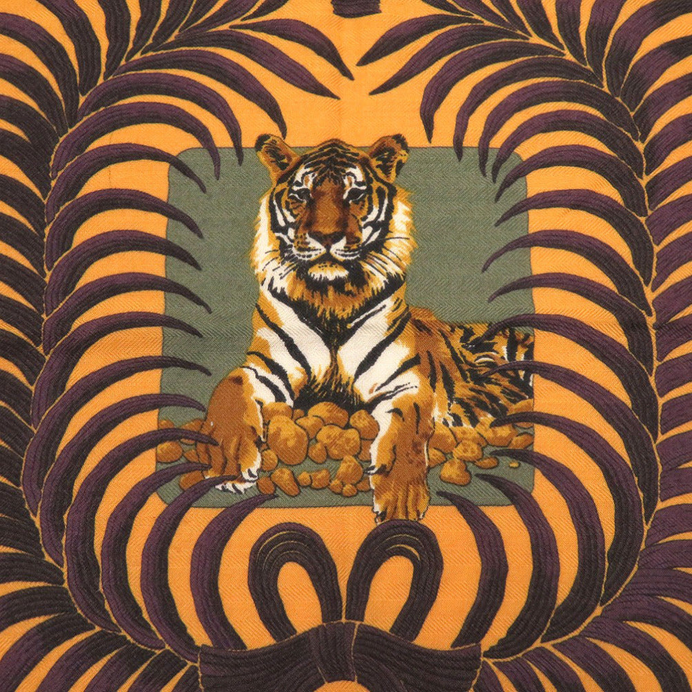 エルメス カレ45 王者の虎 TIGRE ROYAL プチカレ カシミヤ シルク カーキ スカーフ 0092 【中古】 HERMES