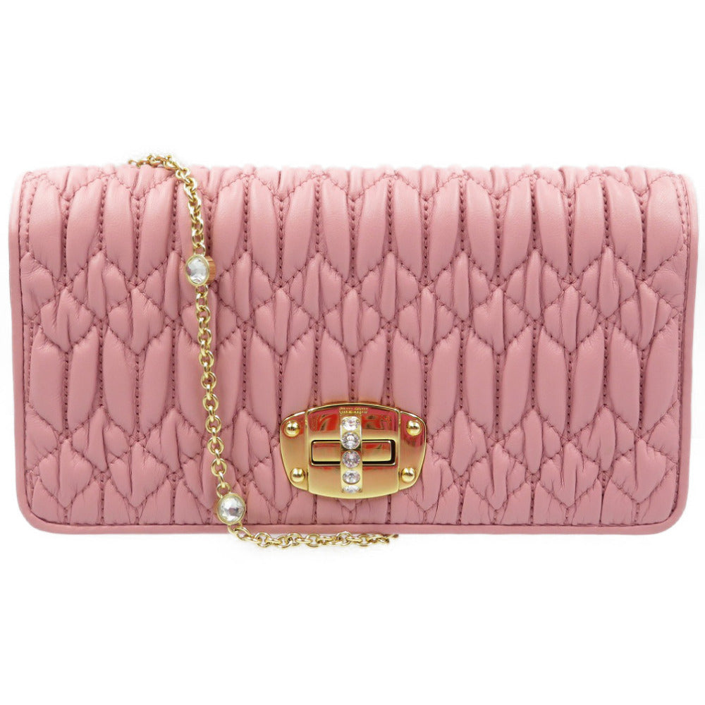 新品同様 ミュウミュウ マテラッセ 5DH044 ラムスキン ラインストーン ゴールド金具 ピンク チェーンショルダーバッグ 0033【中古】MIU MIU