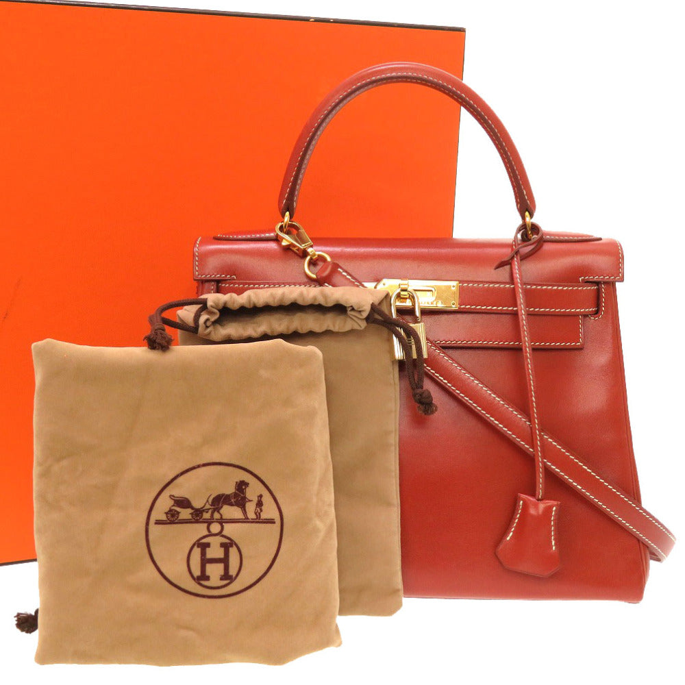 美品 エルメス ケリー28 内縫い ボックスカーフ ブリック ゴールド金具 □B刻印 ハンドバッグ バッグ 茶 0039 【中古】 HERMES