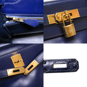 エルメス ケリー28 内縫い ボックスカーフ ブルーロイ ゴールド金具 〇T刻印 ハンドバッグ バッグ 青 0040 【中古】 HERMES