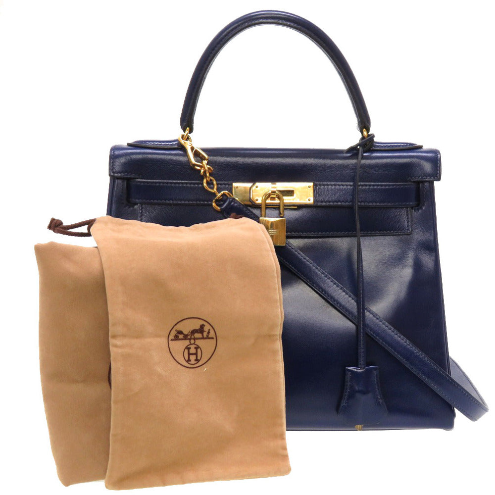 エルメス ケリー28 内縫い ボックスカーフ ブルーロイ ゴールド金具 〇T刻印 ハンドバッグ バッグ 青 0040 【中古】 HERMES