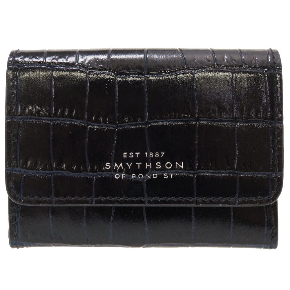 新品同様 スマイソン コンパクトウォレット クロコ型押し レザー ブラック 黒 3つ折り財布 財布 0057【中古】SMYTHSON