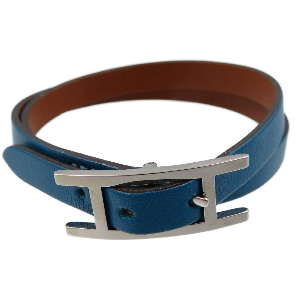 新品同様 エルメス アピ２レザー ブルー ブラウン シルバー 2連 ブレスレット 0078【中古】HERMES