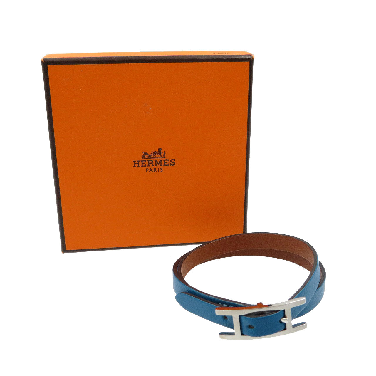 新品同様 エルメス アピ２レザー ブルー ブラウン シルバー 2連 ブレスレット 0078【中古】HERMES