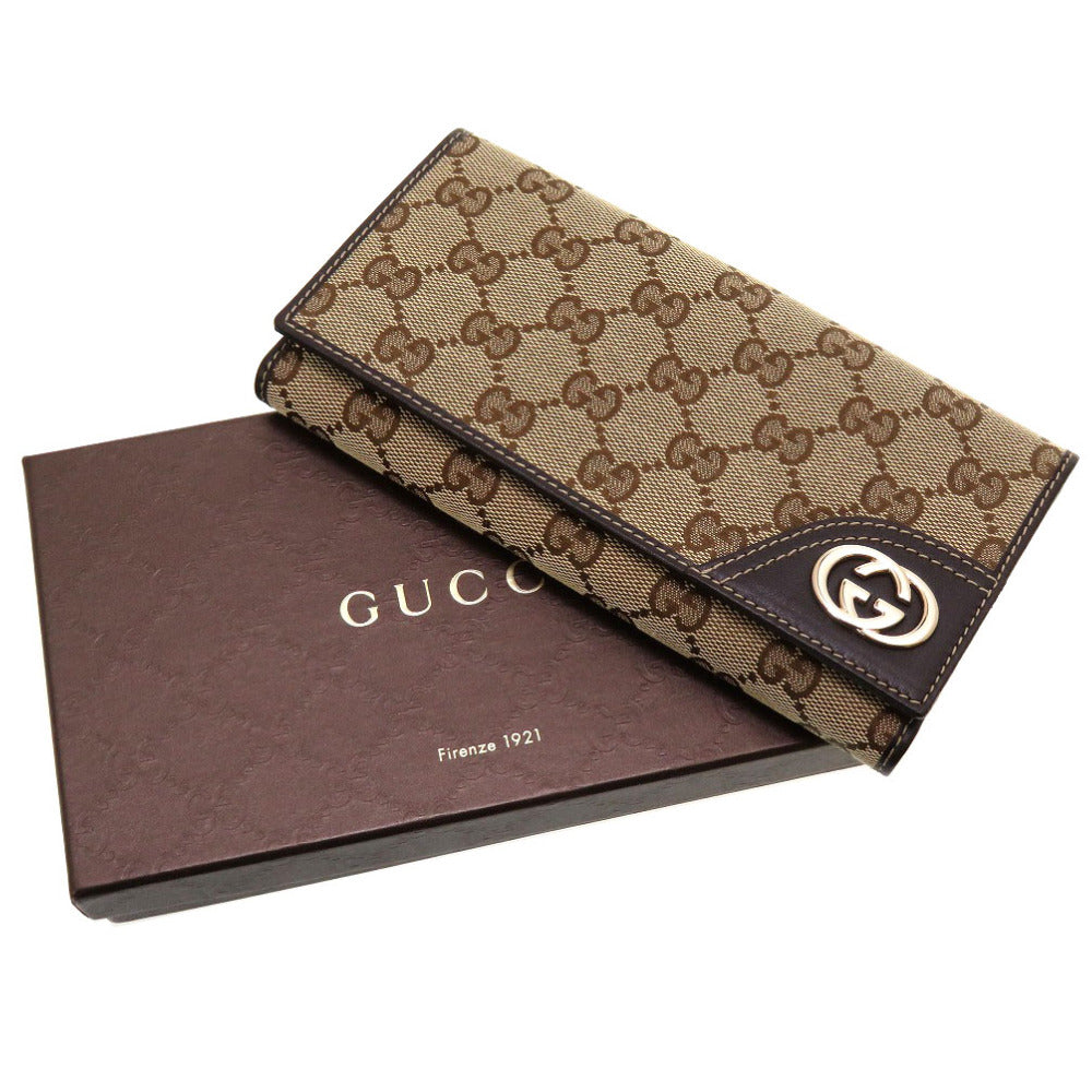 新品同様 グッチ インターロッキングG 181593 GGキャンバス ベージュ ブラウン 茶 Wホック長財布 財布 0010【中古】GUCCI