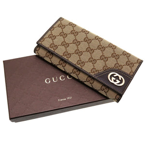 新品同様 グッチ インターロッキングG 181593 GGキャンバス ベージュ ブラウン 茶 Wホック長財布 財布 0010【中古】GUCCI