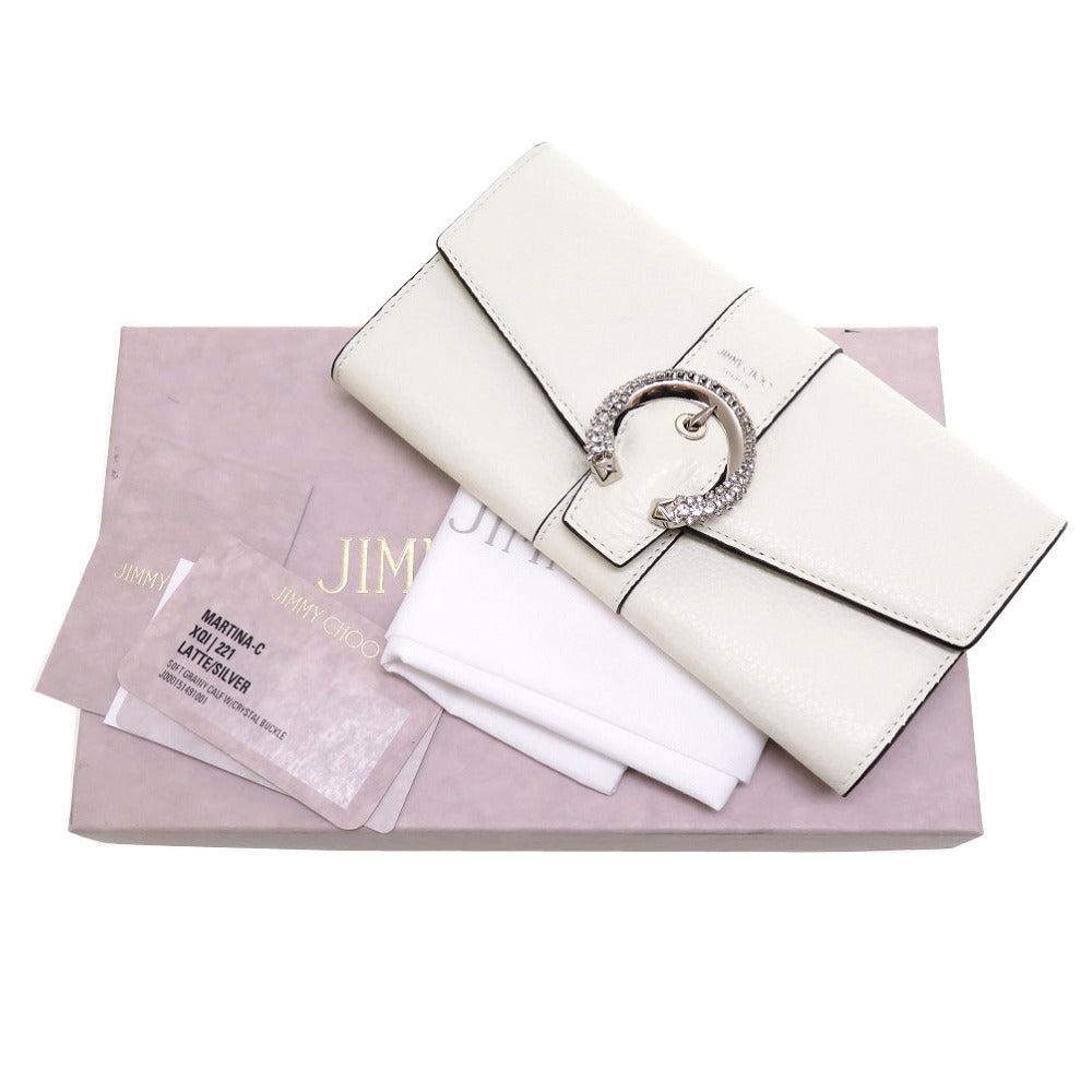 未使用 ジミーチュウ マルティナ クリスタルバックル レザー ホワイト 白 2つ折り長財布 財布 0011【中古】JIMMY CHOO