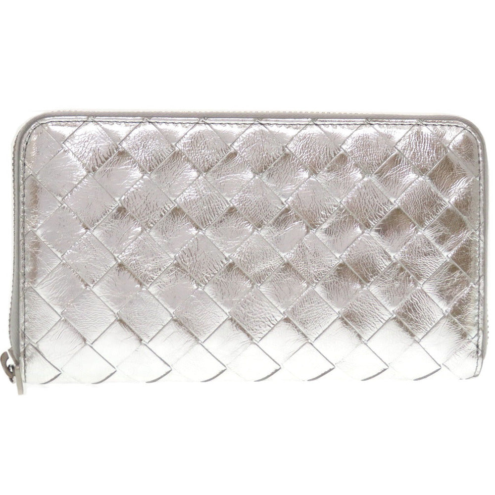 新品同様 ボッテガヴェネタ イントレチャート ラムスキン レザー シルバー ラウンドファスナー長財布 財布 0015【中古】BOTTEGA VENETA