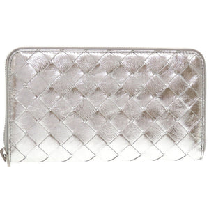 新品同様 ボッテガヴェネタ イントレチャート ラムスキン レザー シルバー ラウンドファスナー長財布 財布 0015【中古】BOTTEGA VENETA