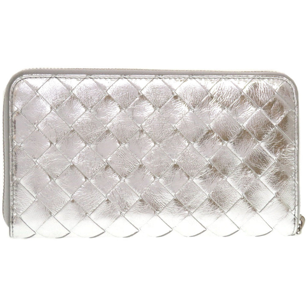 新品同様 ボッテガヴェネタ イントレチャート ラムスキン レザー シルバー ラウンドファスナー長財布 財布 0015【中古】BOTTEGA VENETA