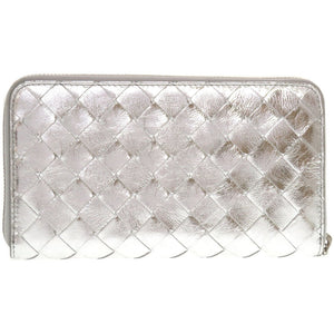 新品同様 ボッテガヴェネタ イントレチャート ラムスキン レザー シルバー ラウンドファスナー長財布 財布 0015【中古】BOTTEGA VENETA