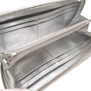 新品同様 ボッテガヴェネタ イントレチャート ラムスキン レザー シルバー ラウンドファスナー長財布 財布 0015【中古】BOTTEGA VENETA