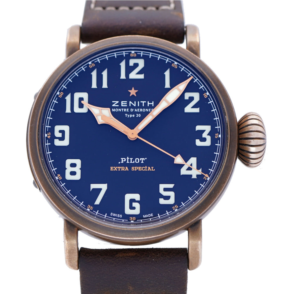 美品 ゼニス パイロット タイプ20 エクストラ スペシャル 29.2430.679 自動巻き 腕時計 チタン/レザー/ブロンズ ブラック 黒文字盤 0026【中古】ZENITH メンズ オートマチック