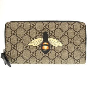 美品 グッチ 451273 GGスプリーム 蜂 ベージュ ブラック 黒 ラウンドファスナー長財布 財布 0032【中古】GUCCI