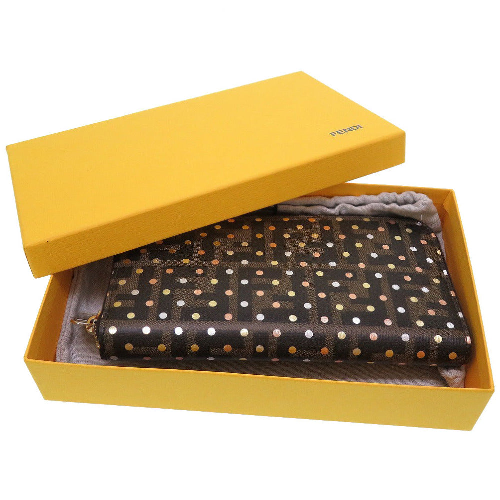 新品 フェンディ ズッカ柄 キャンバス レザー ブラウン 茶 ラウンドファスナー長財布 財布 0033【中古】FENDI