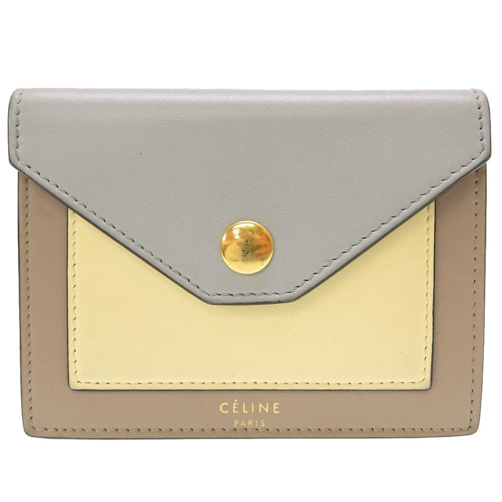 美品 セリーヌ ポケット トライフォールデッド レザー グレー 水色 イエロー 黄 カードケース 0035【中古】CELINE