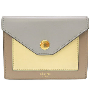 美品 セリーヌ ポケット トライフォールデッド レザー グレー 水色 イエロー 黄 カードケース 0035【中古】CELINE
