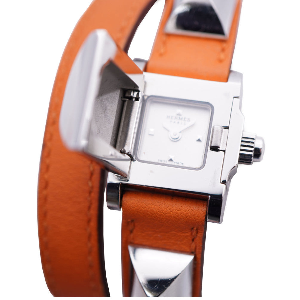 美品 エルメス メドール ME2.110 クオーツ 腕時計 SS/レザー シルバー/オレンジ 0058【中古】HERMES レディース