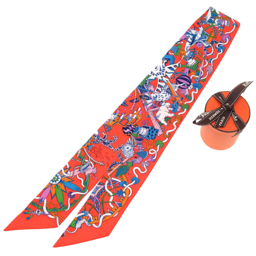 美品 エルメス ツイリー LA FOLLE PARADE ラ フォル パラード シルク オレンジ スカーフ 0065 【中古】 HERMES