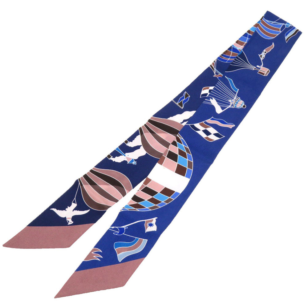 美品 エルメス ツイリー 大空の狂気 LES FOLIES DU CIEL シルク マロングラッセ マリン スカーフ 青 0130 【中古】 HERMES