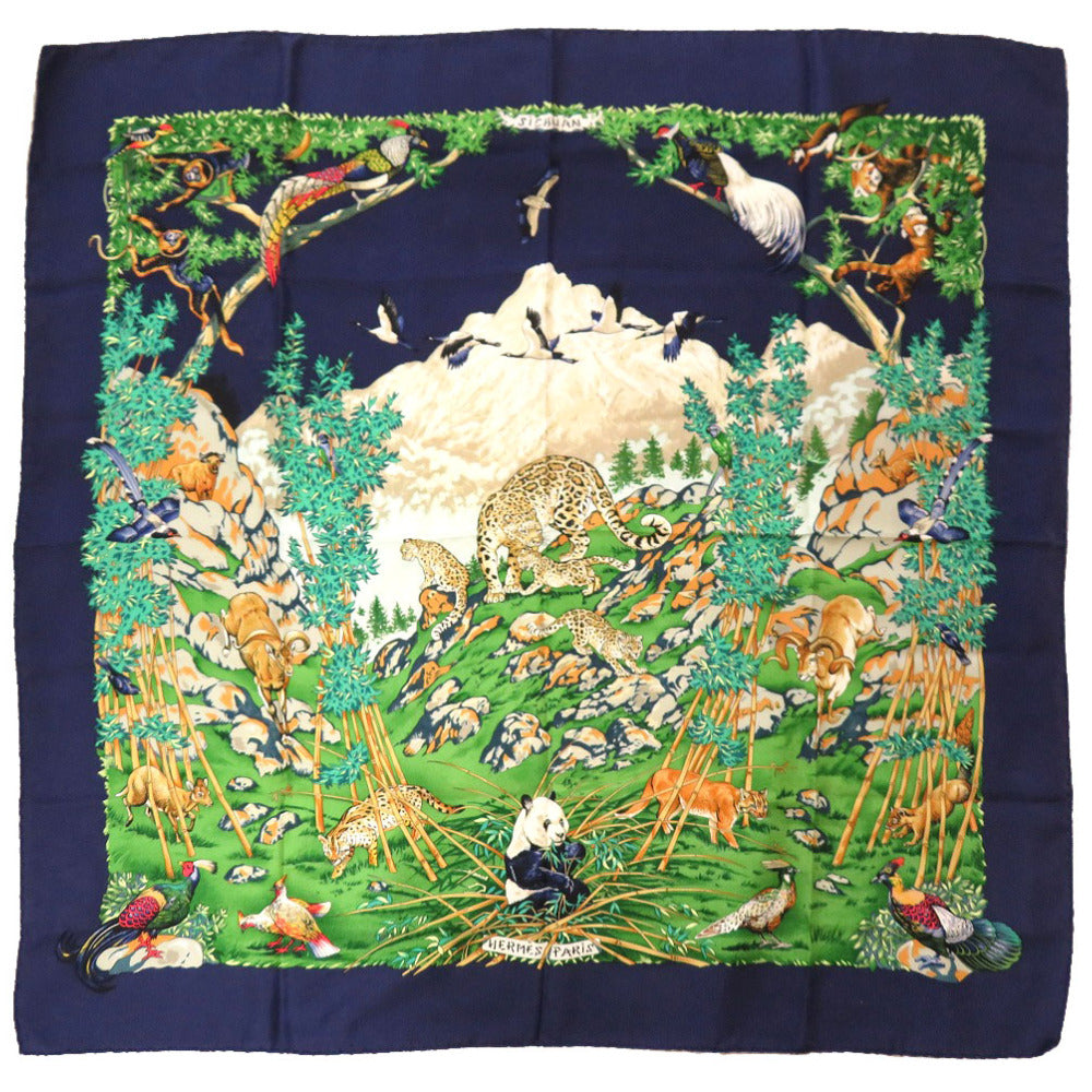 エルメス カレ90 SICHLIAN シチリアの動物 シルク ネイビー スカーフ 紺 0133 【中古】 HERMES