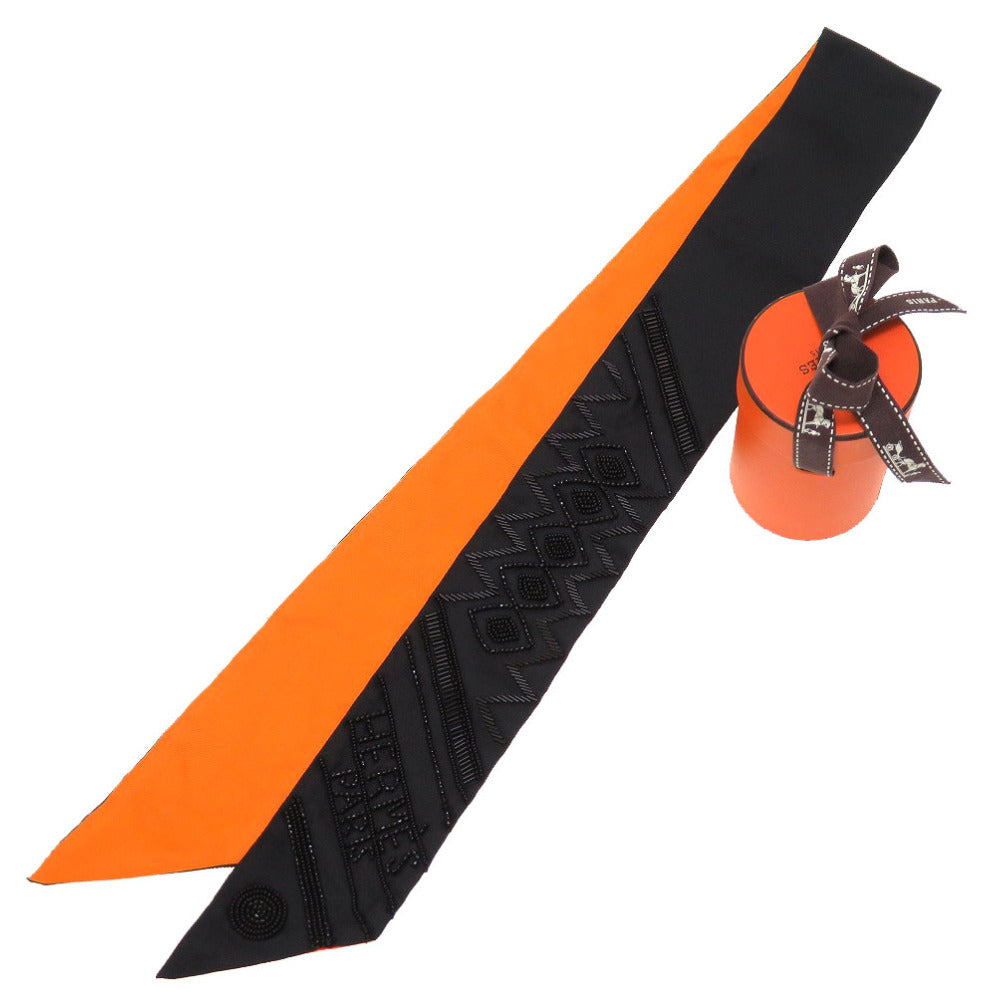 新品同様 エルメス ツイリー プレシュ― ビジュー スカーフ ビーズ ブラック オレンジ シルク 0025 【中古】 HERMES