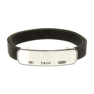 美品 ティファニー プレート メッシュ スチール シルバー ブラック 黒 ブレスレット 0026【中古】TIFFANY