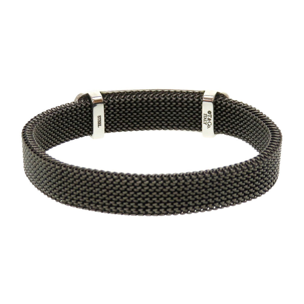 美品 ティファニー プレート メッシュ スチール シルバー ブラック 黒 ブレスレット 0026【中古】TIFFANY