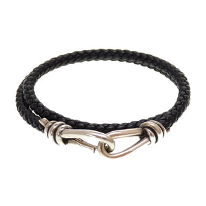 美品 ティファニー 2連 編み込み レザー シルバー925 ブラック シルバー 黒 ブレスレット 0033【中古】TIFFANY