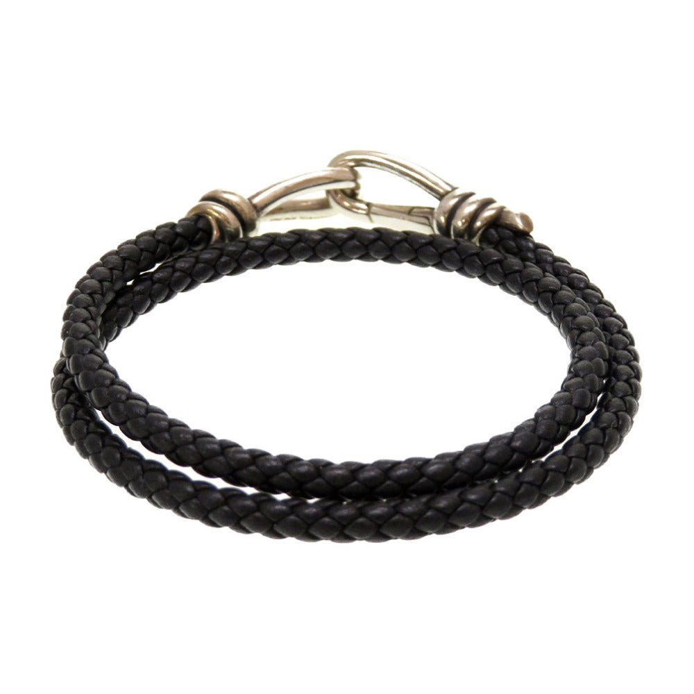 美品 ティファニー 2連 編み込み レザー シルバー925 ブラック シルバー 黒 ブレスレット 0033【中古】TIFFANY